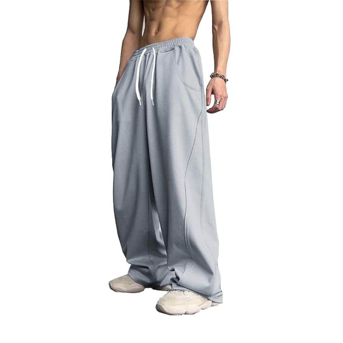 WZIKAI Mens Baggy Sweatpants Elastic Waist Drawstring Wide Leg Sweatpants Casual Loose Baggy Joggers with Pockets Light Grey M